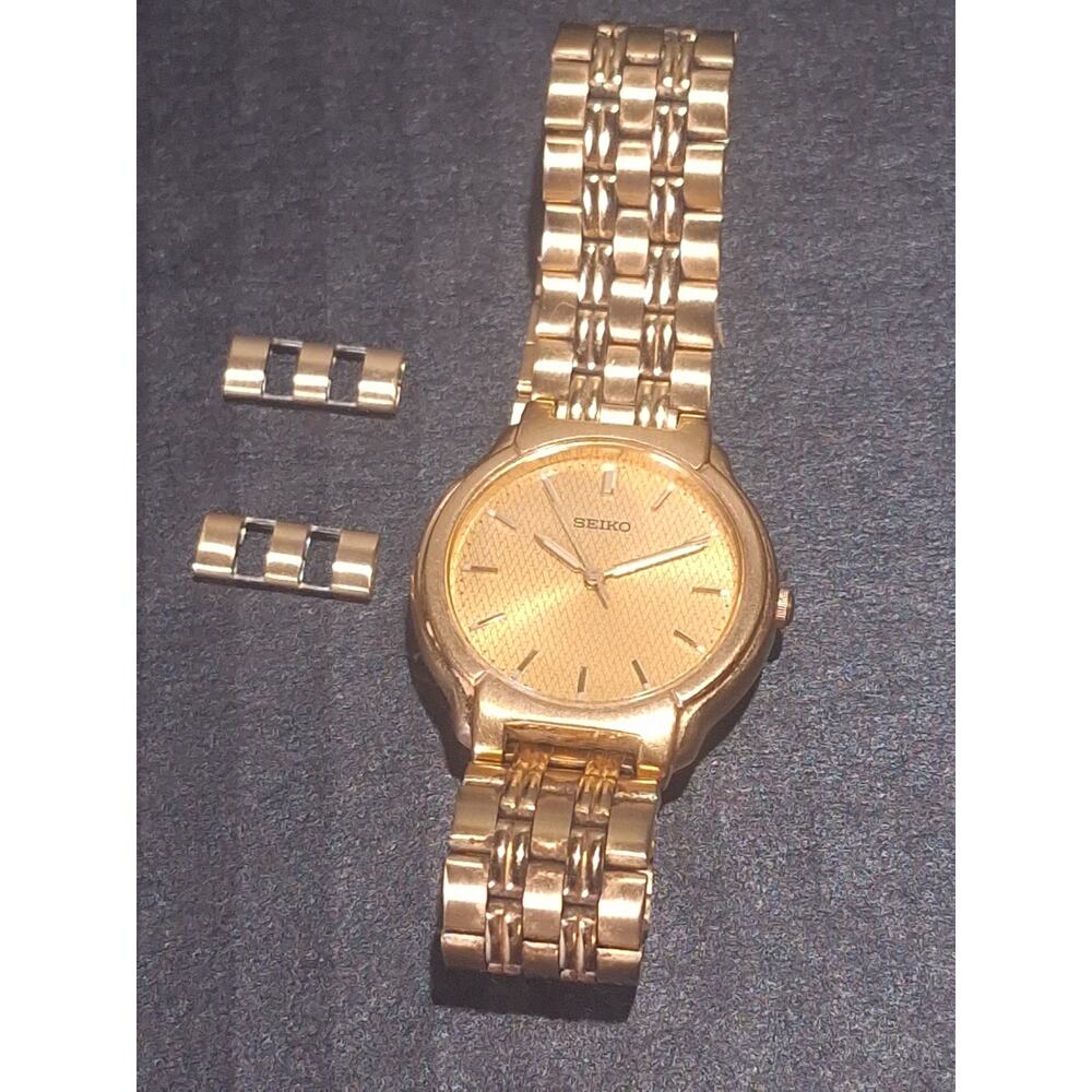 Seiko V701-2B60 Quartz Dress Watch Linen Look Dial Gold Tone Original Bracelet - Picture 4 of 10